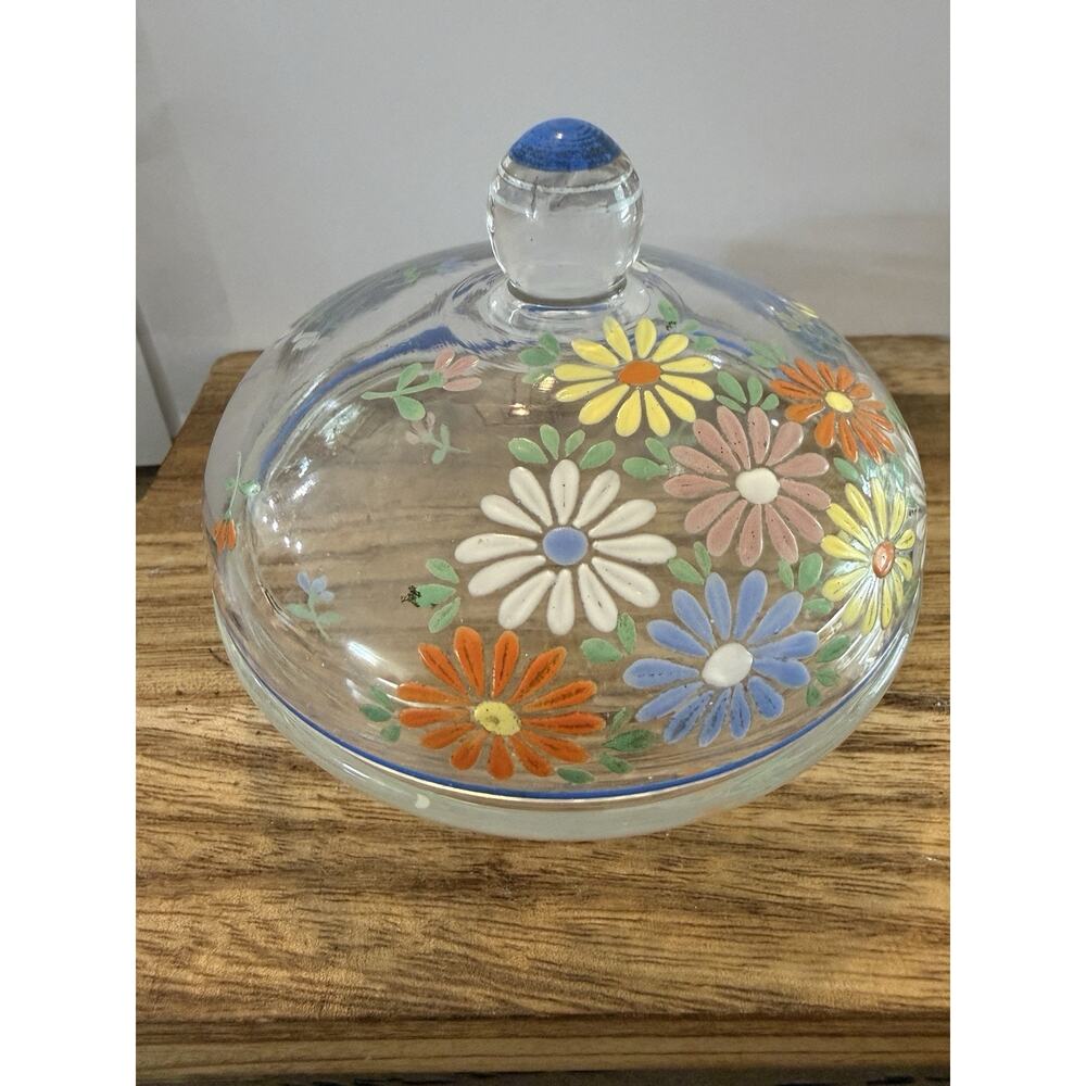 Vintage Hand painted Daisy’s Jewelry Box Clear Glass Trinket Dish 5”
